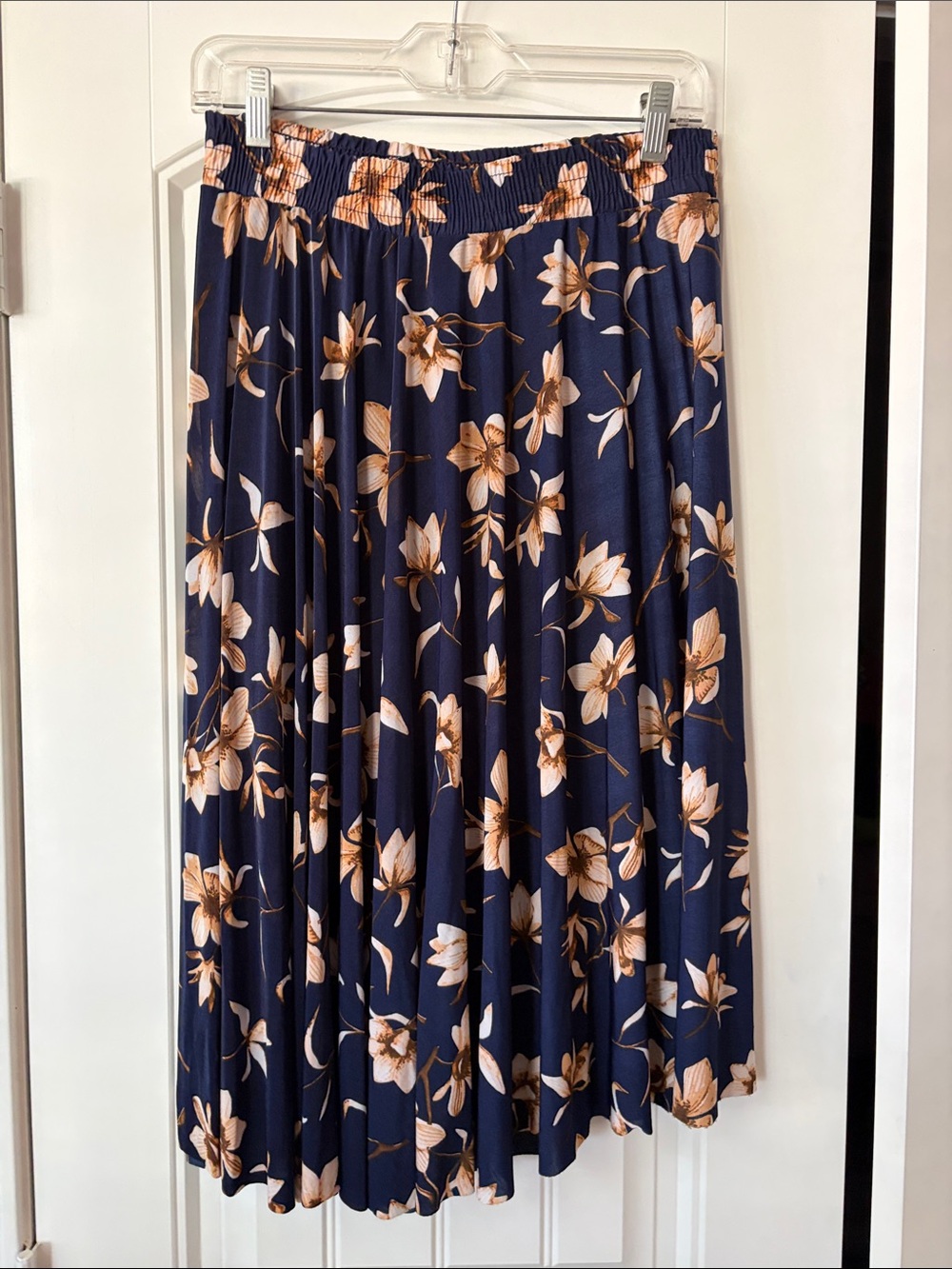 Navy Floral Pleated Midi Skirt